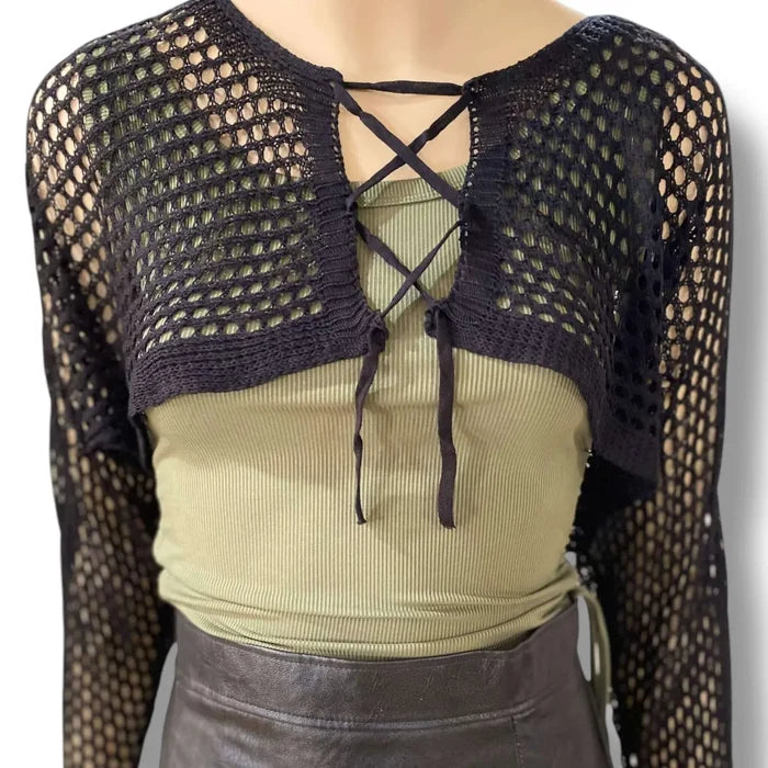 Casual Long Sleeve Hollow Out Knit Crop Cardigan
