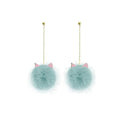 Blue Teal Cat Ear Fur Ball Dangle Earrings with mink pom poms, enamel ears,gold chain one size