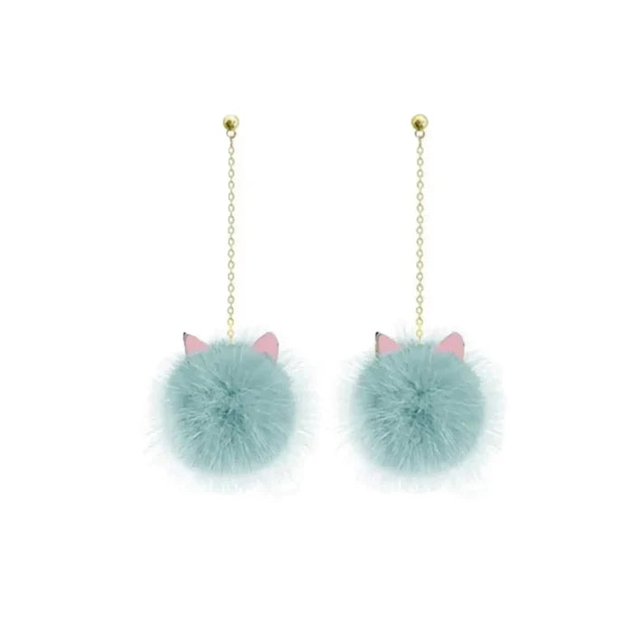 Blue Teal Cat Ear Fur Ball Dangle Earrings with mink pom poms, enamel ears,gold chain one size