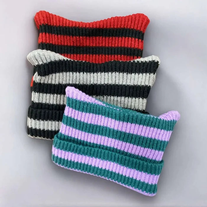 Cat Ears Striped Knitted Beanies