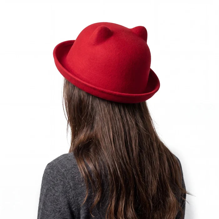 woman wearing cat ear bowler hat kawaii coquette style / red / one size