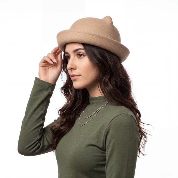 woman wearing cat ear bowler hat kawaii coquette style / tan / one size