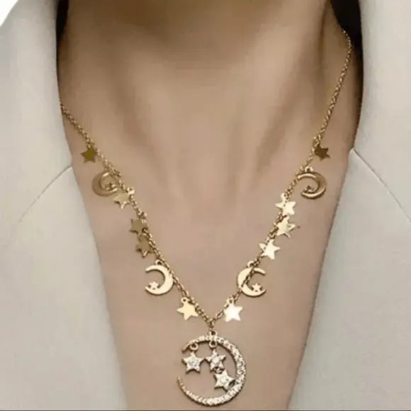 Women's Gold Glittery Celestial Stars and Moons Charming Necklace