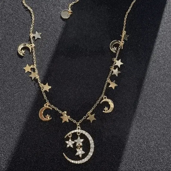 Gold Glittery Celestial Stars and Moons Charming Necklace - Wild Time Fashion