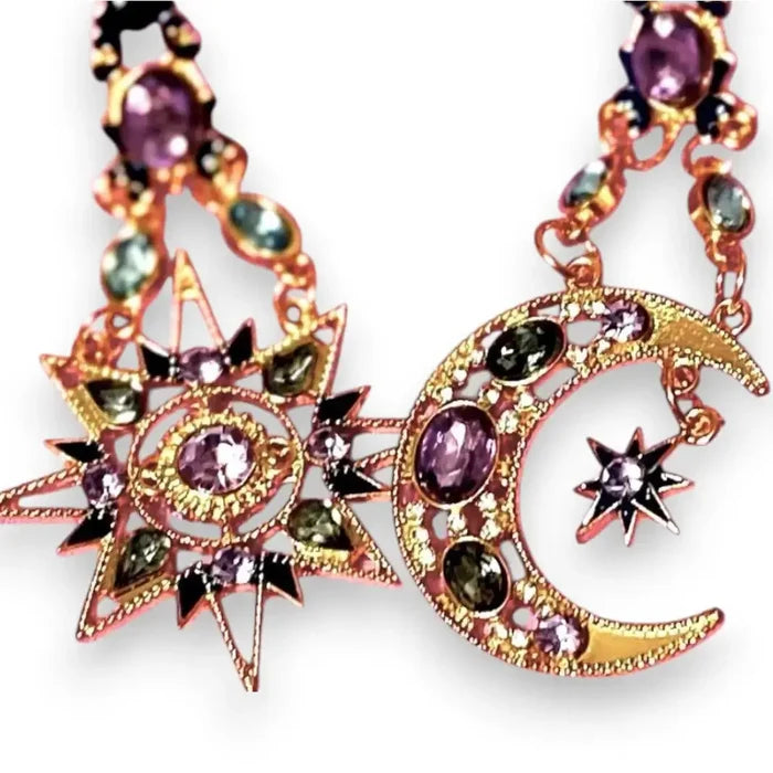 Celestial Gold Stars Moons Hanging Earrings with multicolored crystals, faux pearls, asymmetrical drop statement earrings flat lay