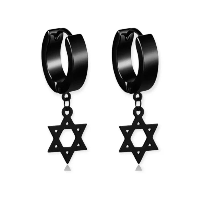 Celestial Star Black Hoops Earrings in stainless steel with hexagram charm huggie hoops for whimsigoth style