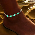 Charming hearts glow in the dark anklet with silver dual chain and glowing blue heart charms – rave, festival, and beach party body jewelry