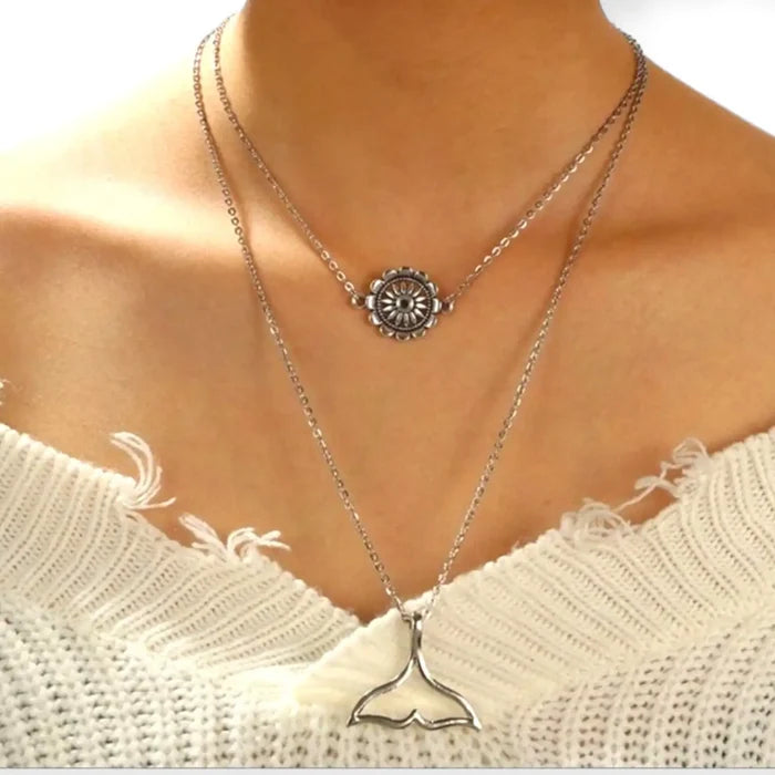 Charming Whale Tail Floral Layering Necklace