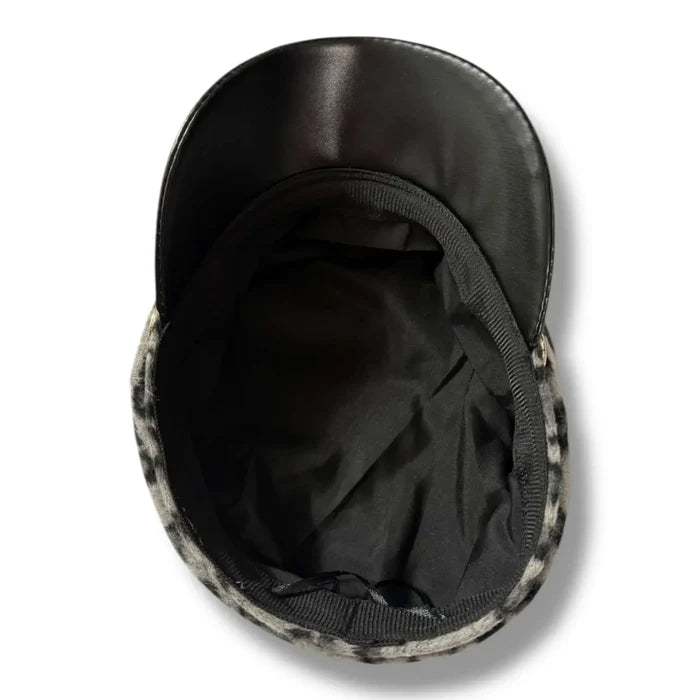 Cheetah Print Flat Top Military Cap Newsboy cap with braided band, Faux Leather curved stiff brim animal print adjustable one size