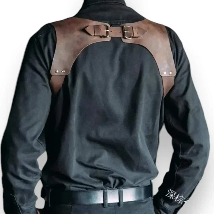 backside of pair of chest harness suspenders with silver trigger clips