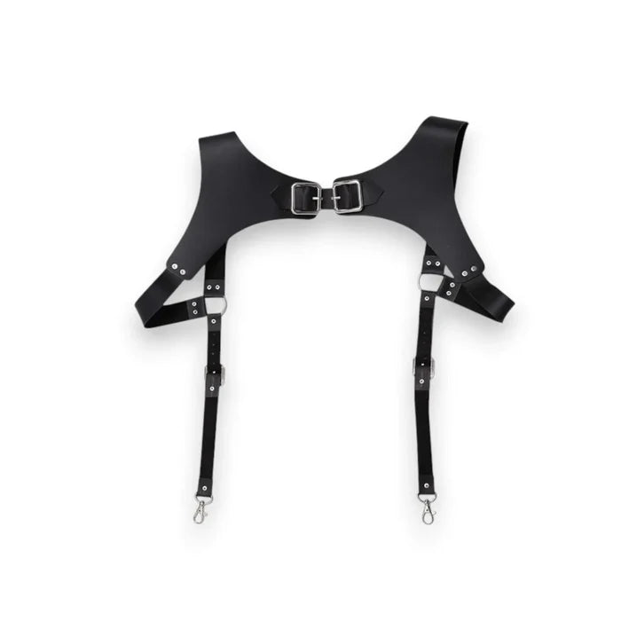 gothic punk chest harness with adjustable shoulder loops white background
