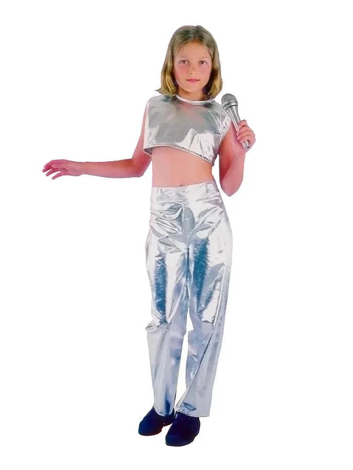 Children’s Girl Rock Star Costume Set – Metallic Silver (Medium) - thefancydress.co.uk