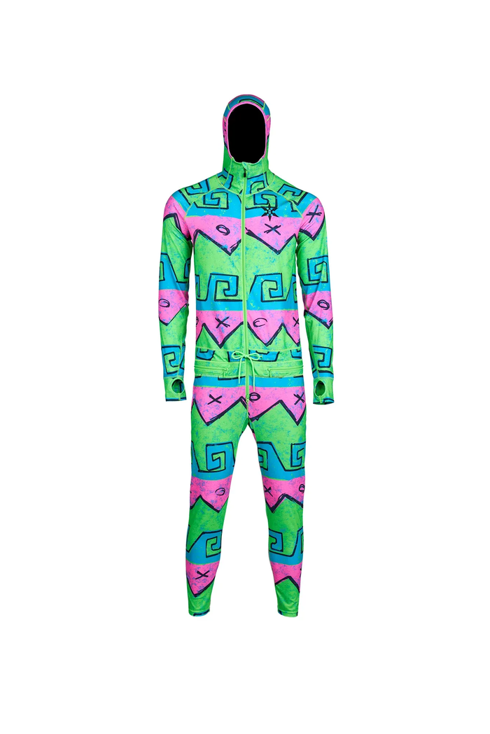 Neon green and pink patterned onesie on a white background