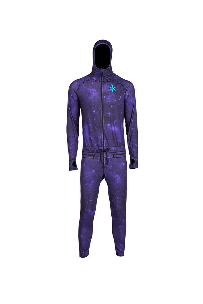 Purple space-themed onesie with a logo on a white background