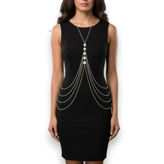 Collar Pearl Body Chain Draped Chains  styled formal attire dress silver