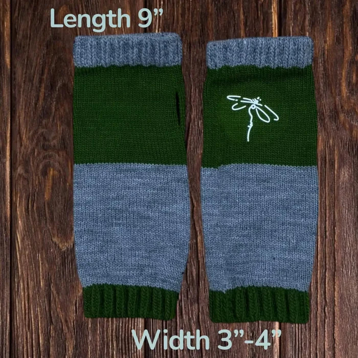 Color block knit arm warmers with dragonfly motif fingerless gloves thumb hole cozy winter accessory