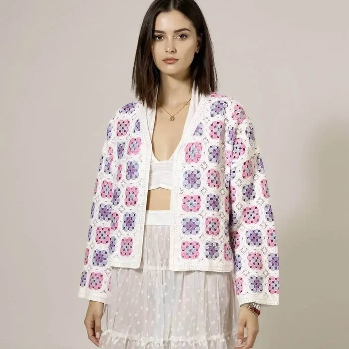 colorful crochet granny square cardigan open front
