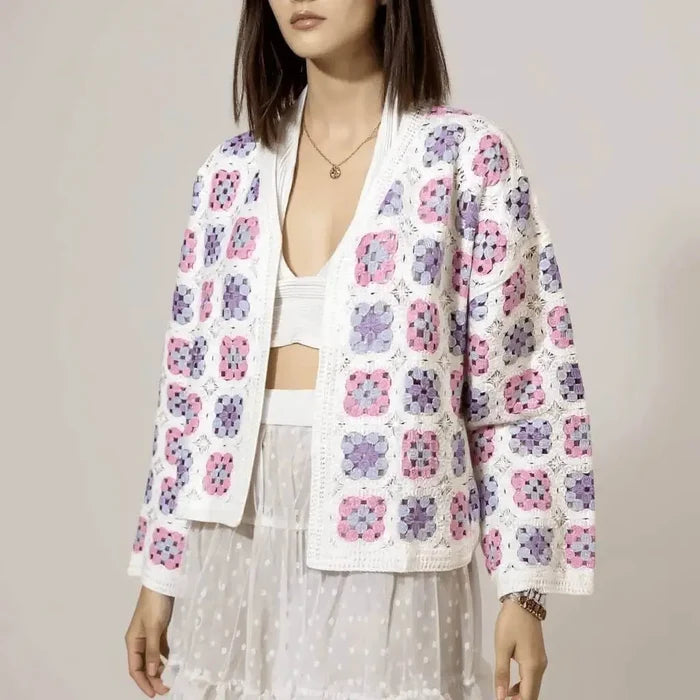 women wearing close up pastel granny square patchwork on white base