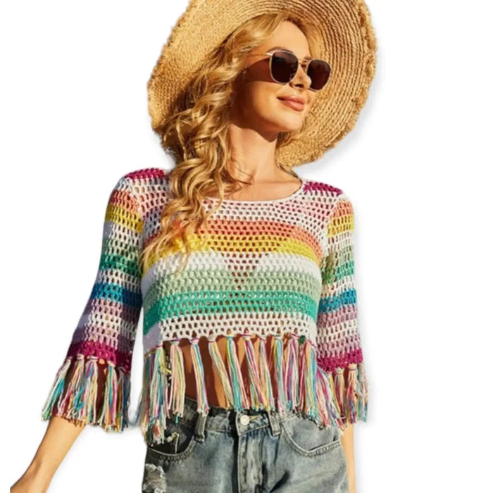 Colorful crochet striped tassel trim crop top with rainbow stripes and fringe detail, boho Y2K festival fashion
