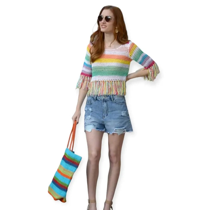 Colorful crochet striped tassel trim crop top with rainbow stripes and fringe detail, boho Y2K festival fashion