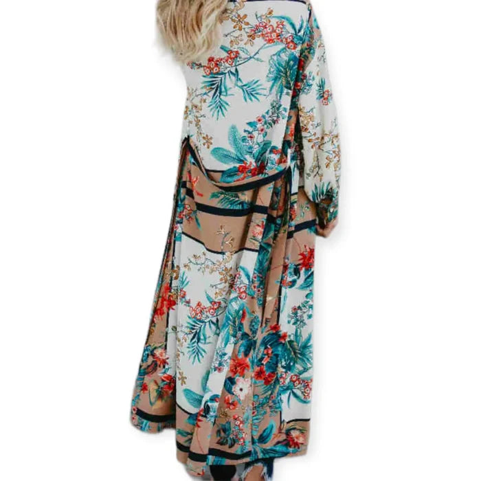 Women's Colorful Floral Maxi Kimono Cover Up with sash tie and boho resort style / one size fits most