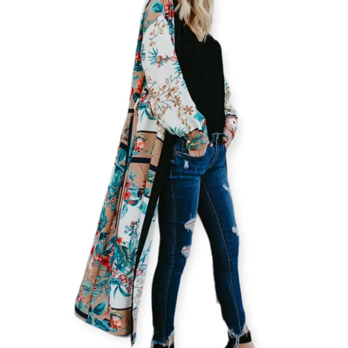 Women's Colorful Floral Maxi Kimono Cover Up with sash tie and boho resort style / one size fits most