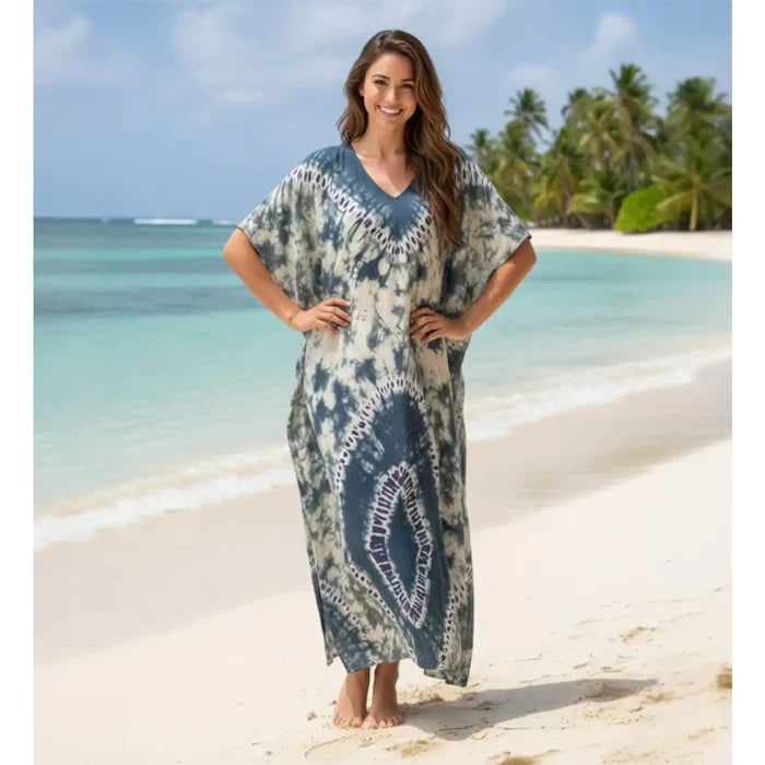 Colorful Kaftan Dress Beach Cover Up Tribal green tan long kaftan dress beach cover up