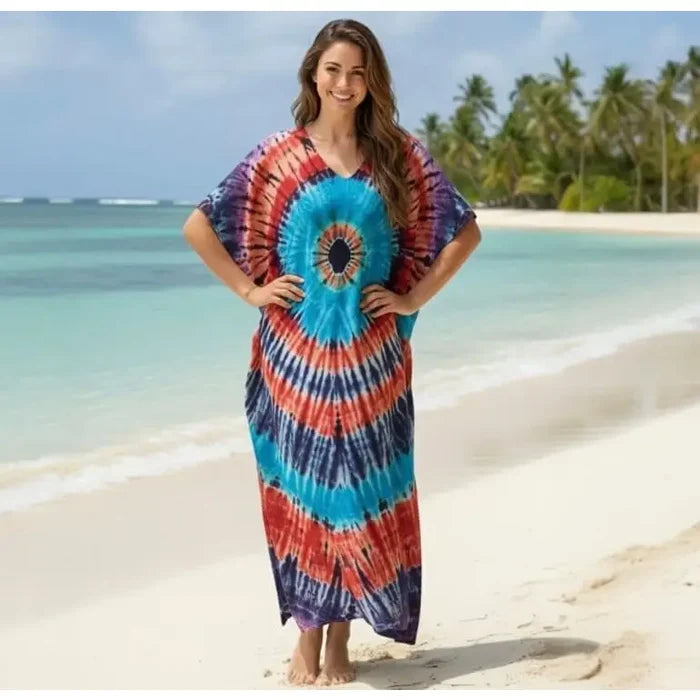 Colorful Kaftan Dress Beach Cover Up model wearing colorful boho tie dye long kaftan dress beach cover up
