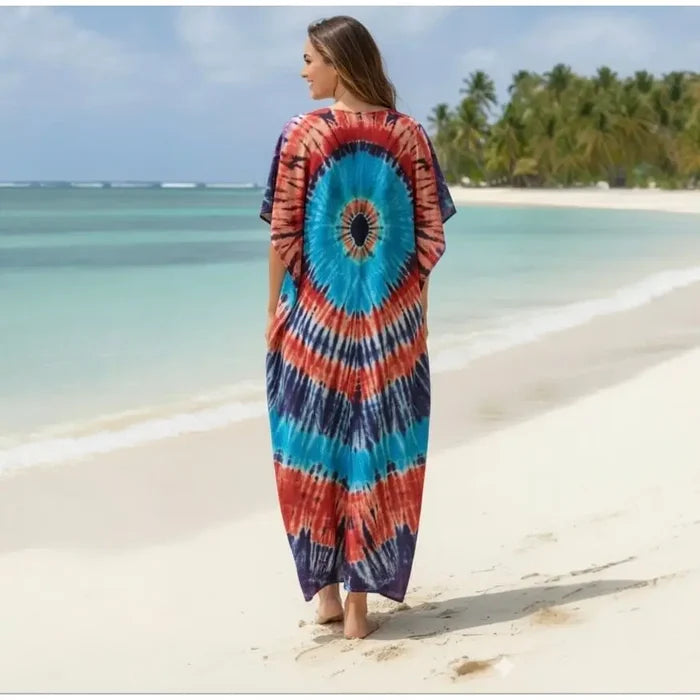 Colorful Kaftan Dress Beach Cover Up model wearing colorful boho tie dye long kaftan dress beach cover up back view