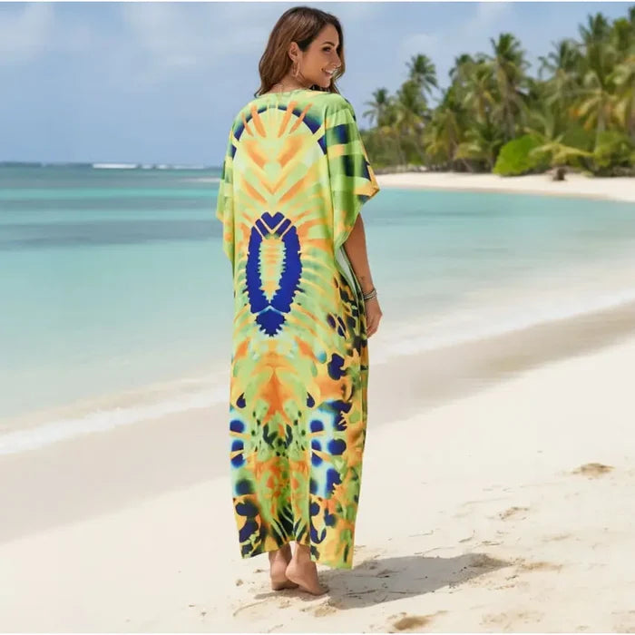 Colorful Kaftan Dress Beach Cover Up model wear yellow blue tribal print kaftan dress beach cover up back view