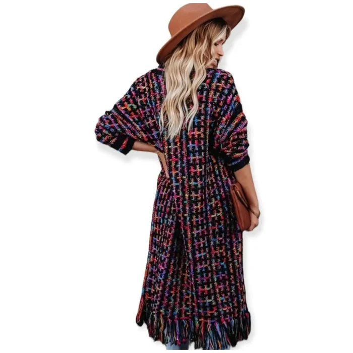Cozy Knitted Cardigans Colorful Long Fringe Crochet Cardigan Jacket in plus size with patchwork and tassel hem