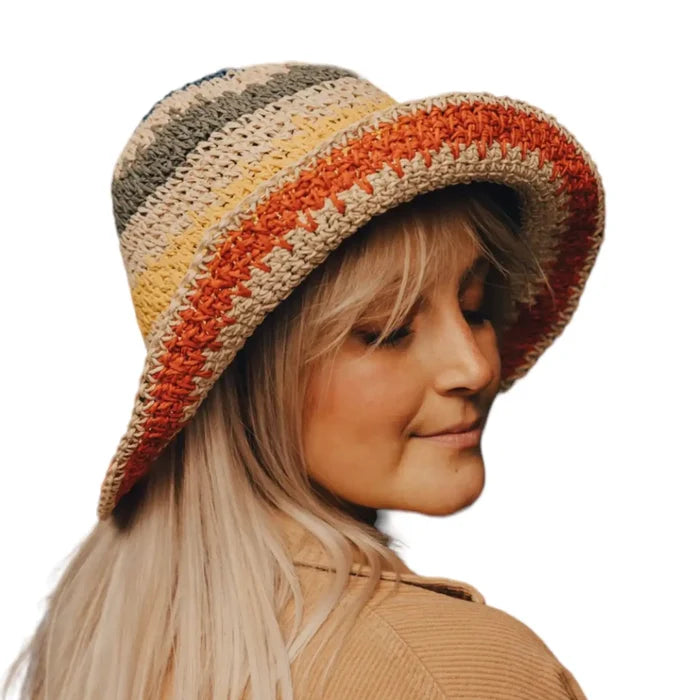 Colorful multi striped straw sun bucket hat with crochet raffia texture, adjustable brim, and Y2K summer style