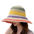Colorful multi striped straw sun bucket hat with crochet raffia texture, adjustable brim, and Y2K summer style