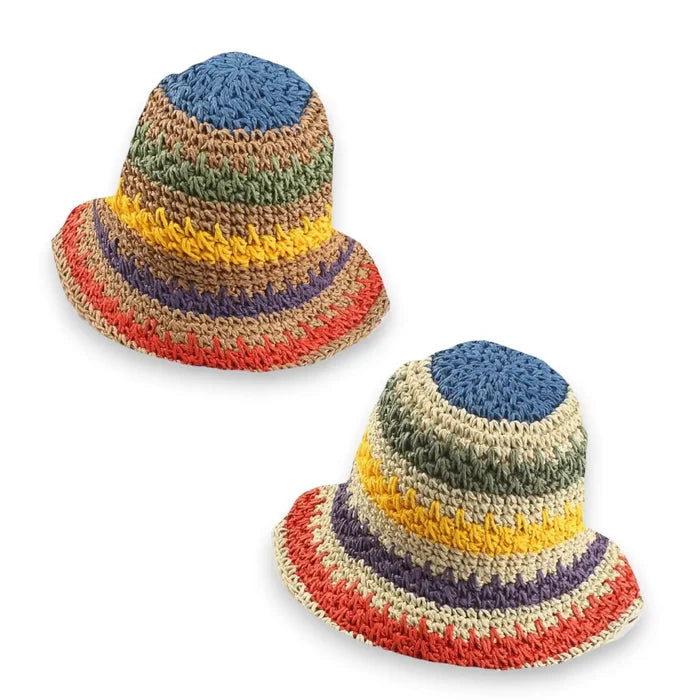Colorful multi striped straw sun bucket hat with crochet raffia texture, adjustable brim, and Y2K summer style