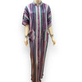 Colorful striped button down long robe with mock collar, front pockets, and full-length pleated plissé fabric. Worn as kaftan, house dress, or layering robe.