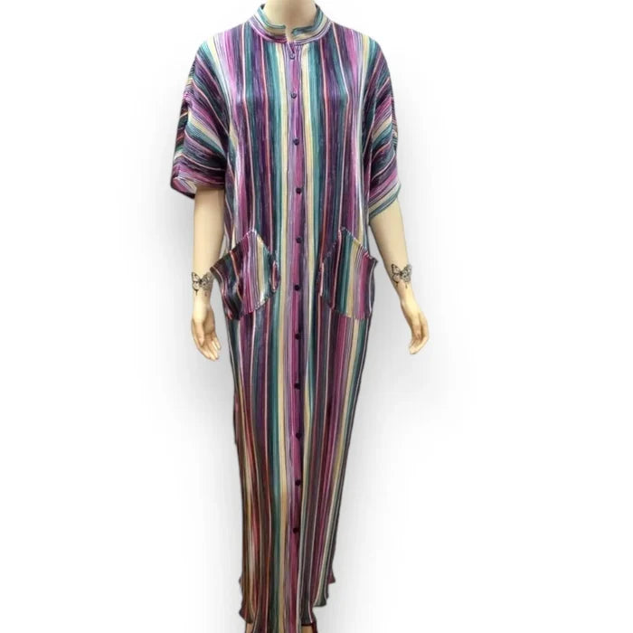 Colorful striped button down long robe with mock collar, front pockets, and full-length pleated plissé fabric. Worn as kaftan, house dress, or layering robe.