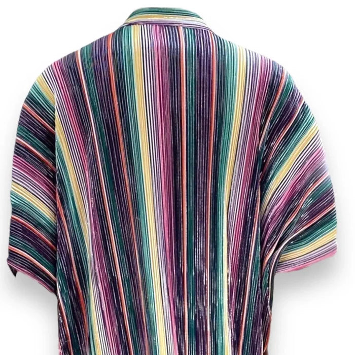 Colorful striped button down long robe with mock collar, front pockets, and full-length pleated plissé fabric. Worn as kaftan, house dress, or layering robe.