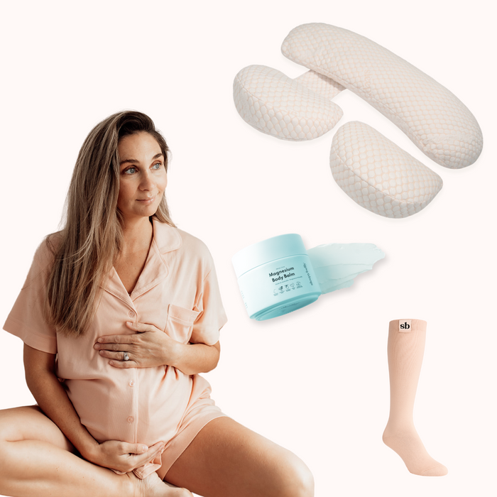 Complete Sleep Bundle with peach maternity pyjamas, pregnancy pillow, Magnesium Body Balm and compression socks