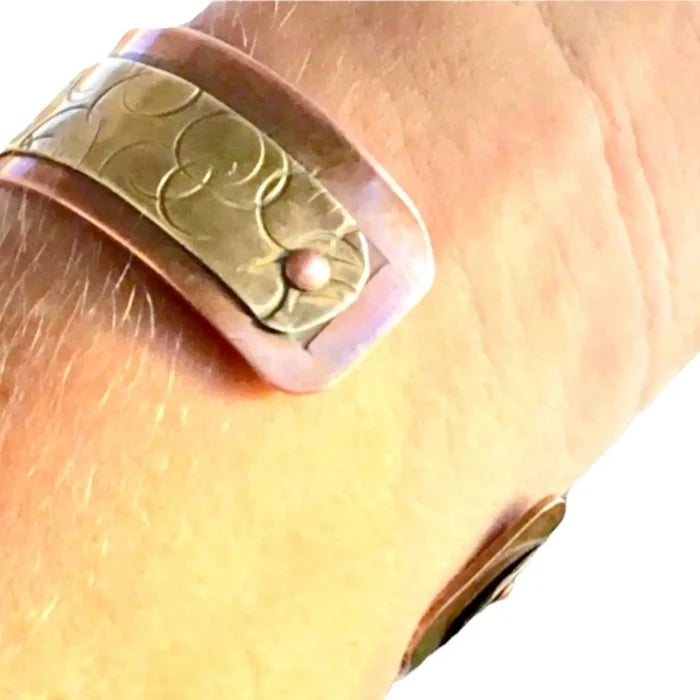 Copper Brass Rivets Adjustable Cuff Bracelet with Hand-Hammered Mixed Metal Design – Handmade in USA