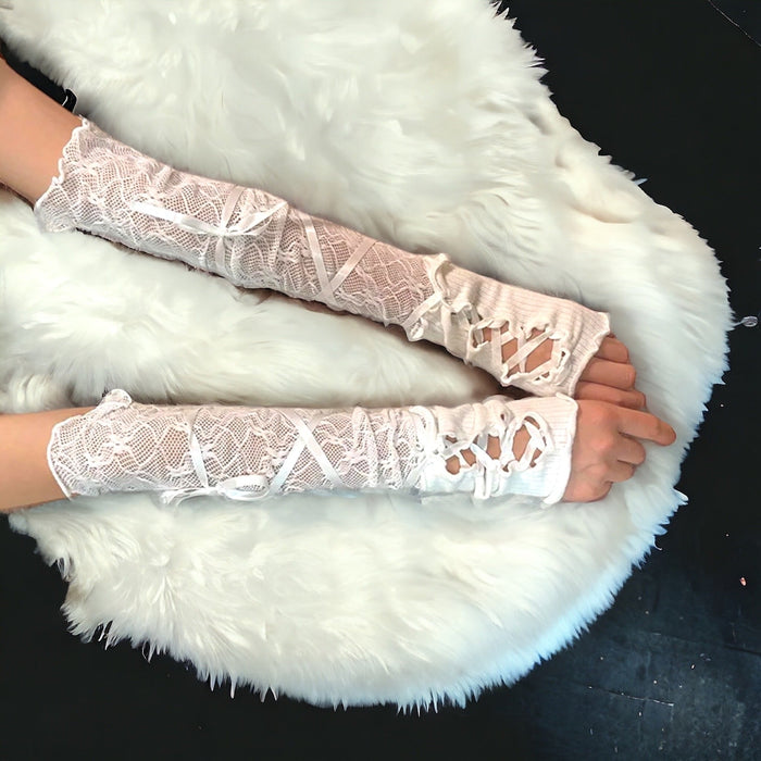 woman wearing white Corset Lace Up Long Arm Covers / white/ osfm