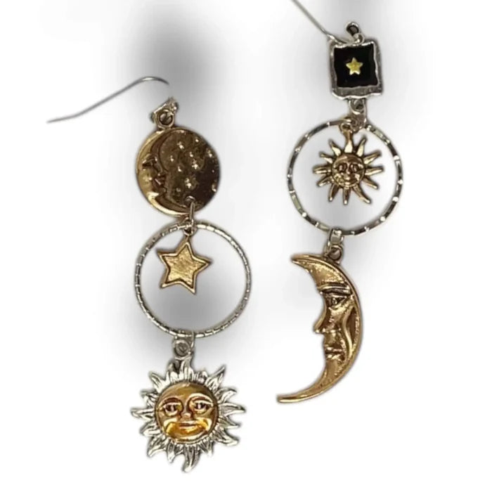 Cosmic Sun Moon Star Dangle Earrings with mixed metal silver and gold celestial charms and fish hook backs