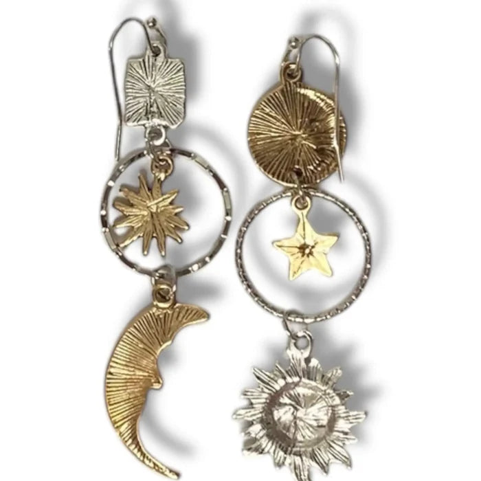 Cosmic Sun Moon Star Dangle Earrings with mixed metal silver and gold celestial charms and fish hook backs