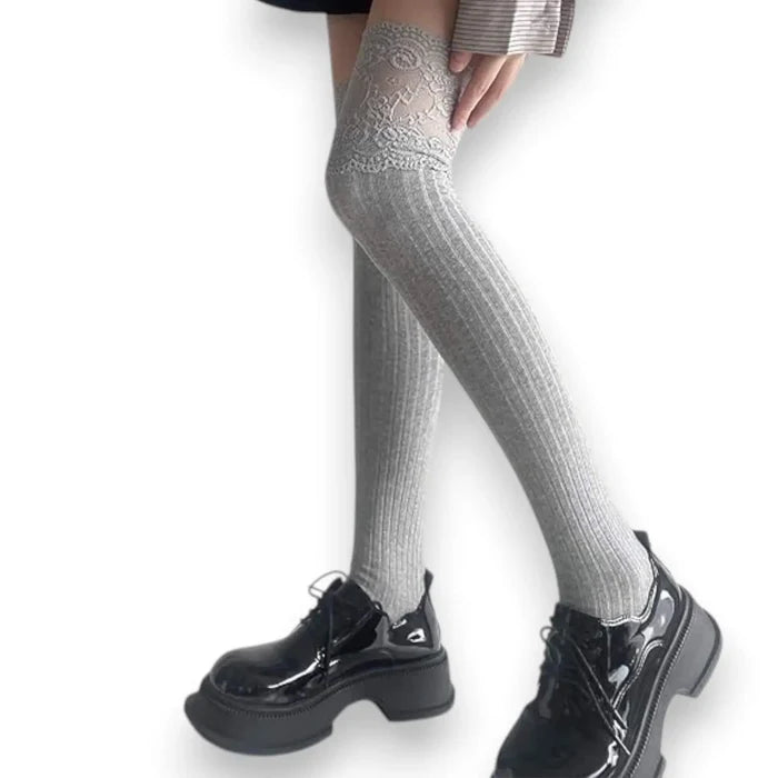 Cotton lace top knee socks with rib-knit texture and floral lace trim in black, gray and white