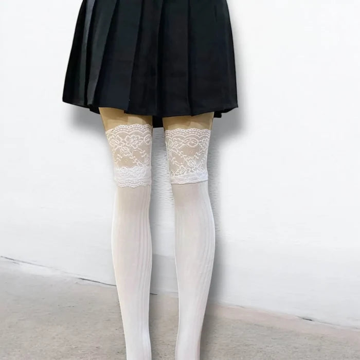 Cotton lace top knee socks with rib-knit texture and floral lace trim in black, gray and white