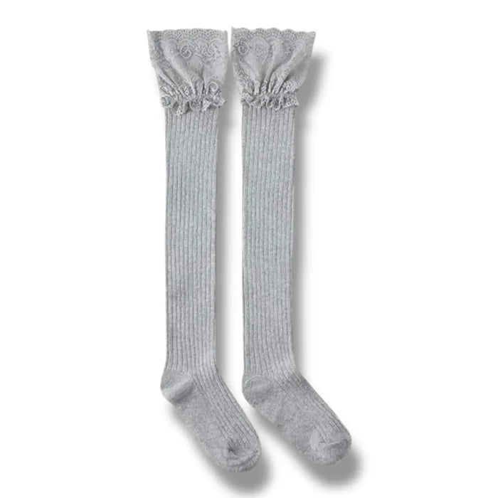 Cotton lace top knee socks with rib-knit texture and floral lace trim in black, gray and white