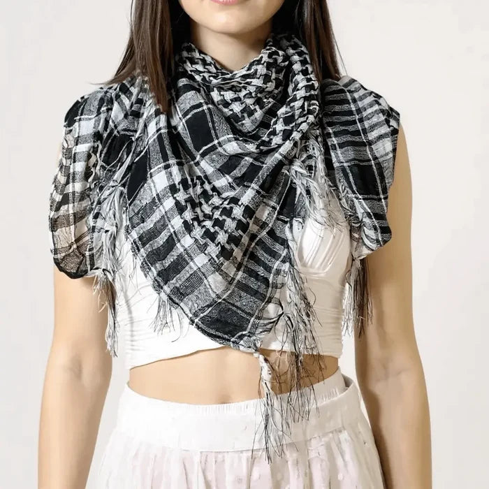 cotton plaid tassel trim scarf wrap 40 inch square breathable lightweight unisex checkered headscarf neck scarf hair scarf in green black, blue black, brown black, white black , gray black