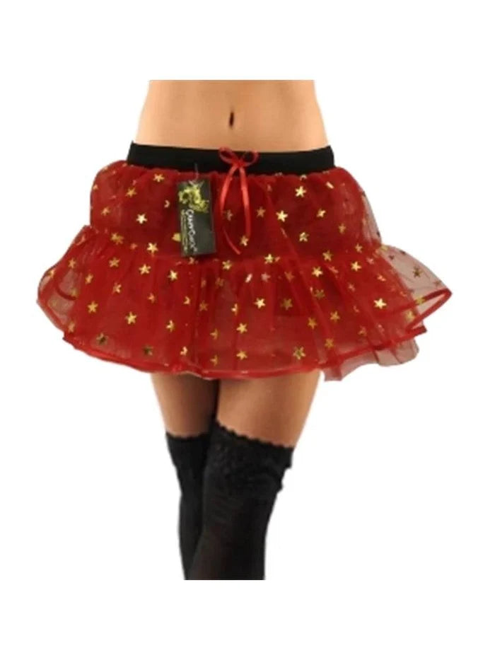 Red adult tutu skirt for fancy dress with gold stars and a comfortable waistband