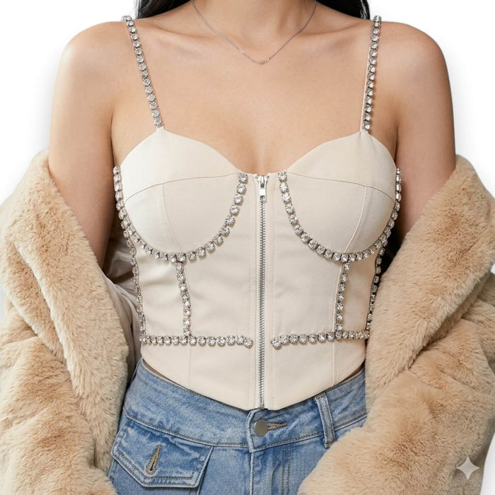 woman wearing with tan color fur coat  zip up front dazzling Cream Diamond Bustier Crop Top