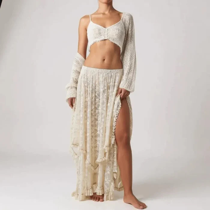 woman wearing low waist with matching top Cream Floral Lace Ruffle Midi Skirt / women's/ one size