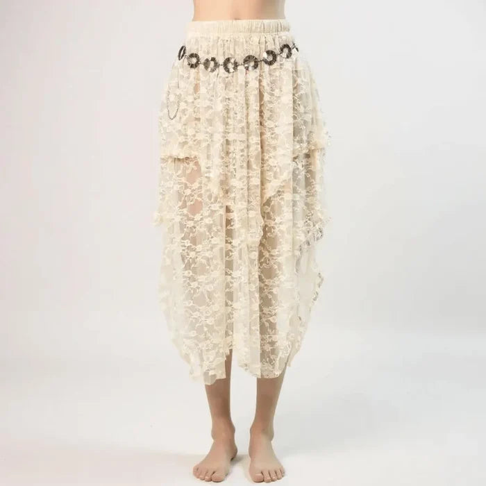 woman wearing with silver cut out medallion link belt Cream Floral Lace Ruffle Midi Skirt / women's/ one size